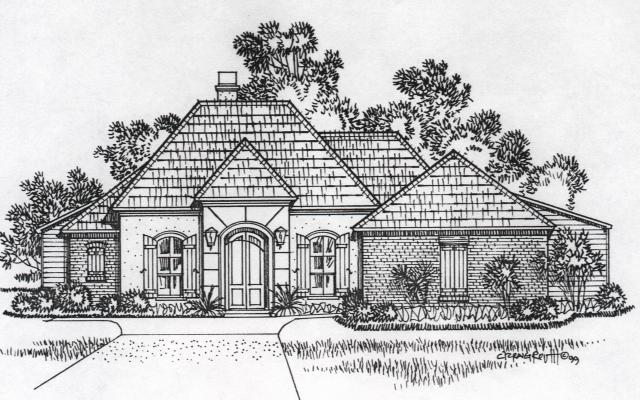 Front elevation of the English Turn house plan