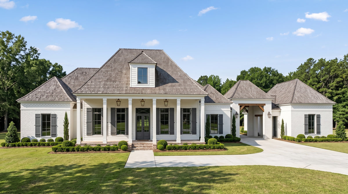 Plan 219074 — photorealistic front elevation, Acadiana Home Design