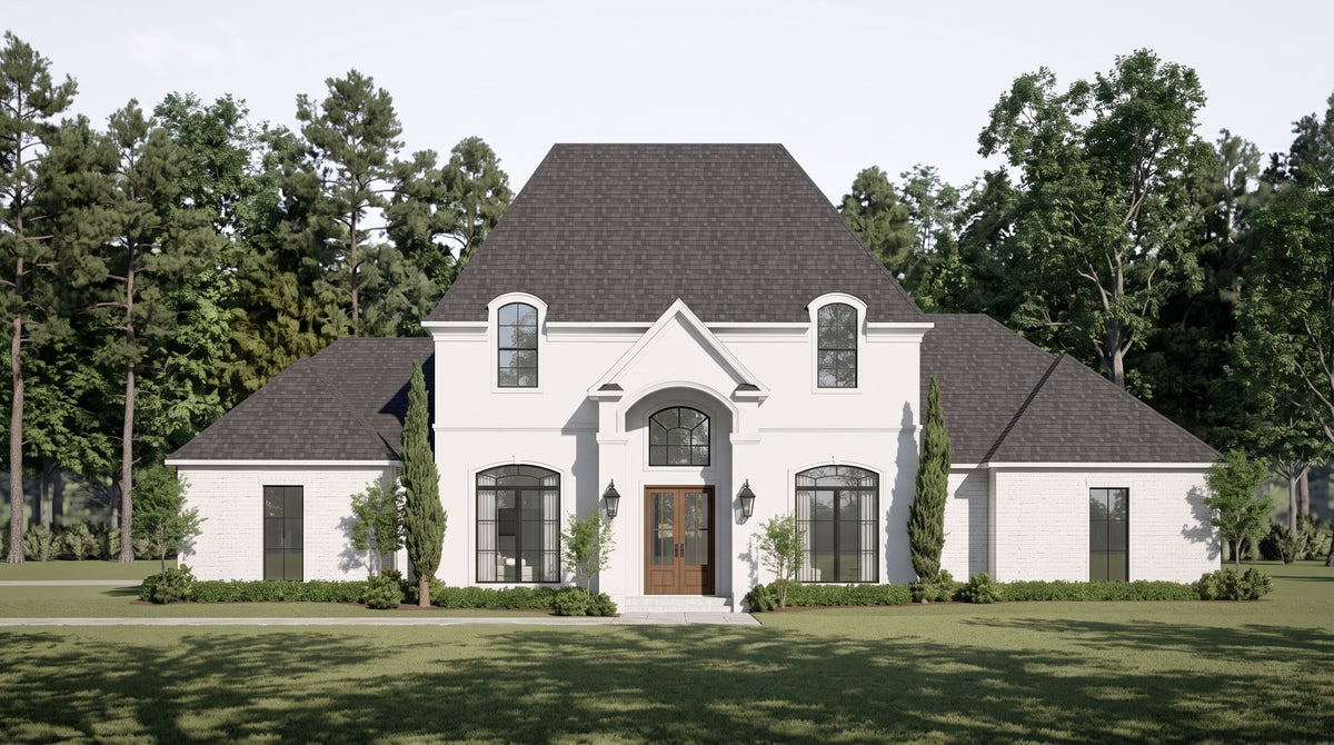 Plan 222036 — photorealistic front elevation, Acadiana Home Design