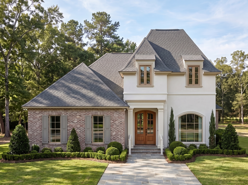 Bergerac house plan — front elevation render, Acadiana Home Design