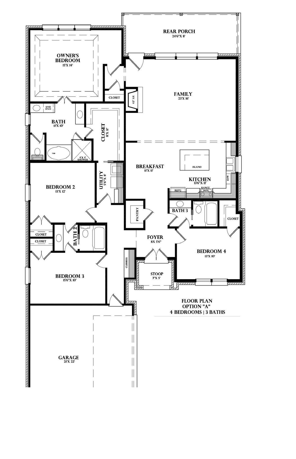Plan 221040 — floor plan, Option A: four bedroom, three baths