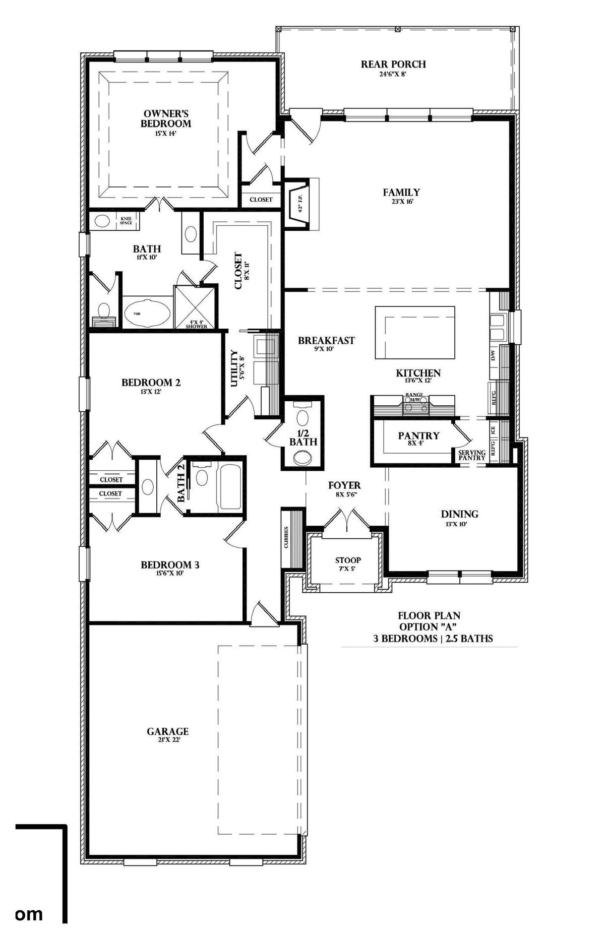 Plan 221040 — floor plan, Option B: three bedroom, two and a half baths with dining