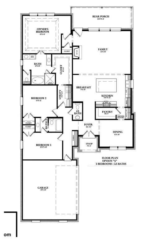 Plan 221040 — floor plan, Option B: three bedroom, two and a half baths with dining