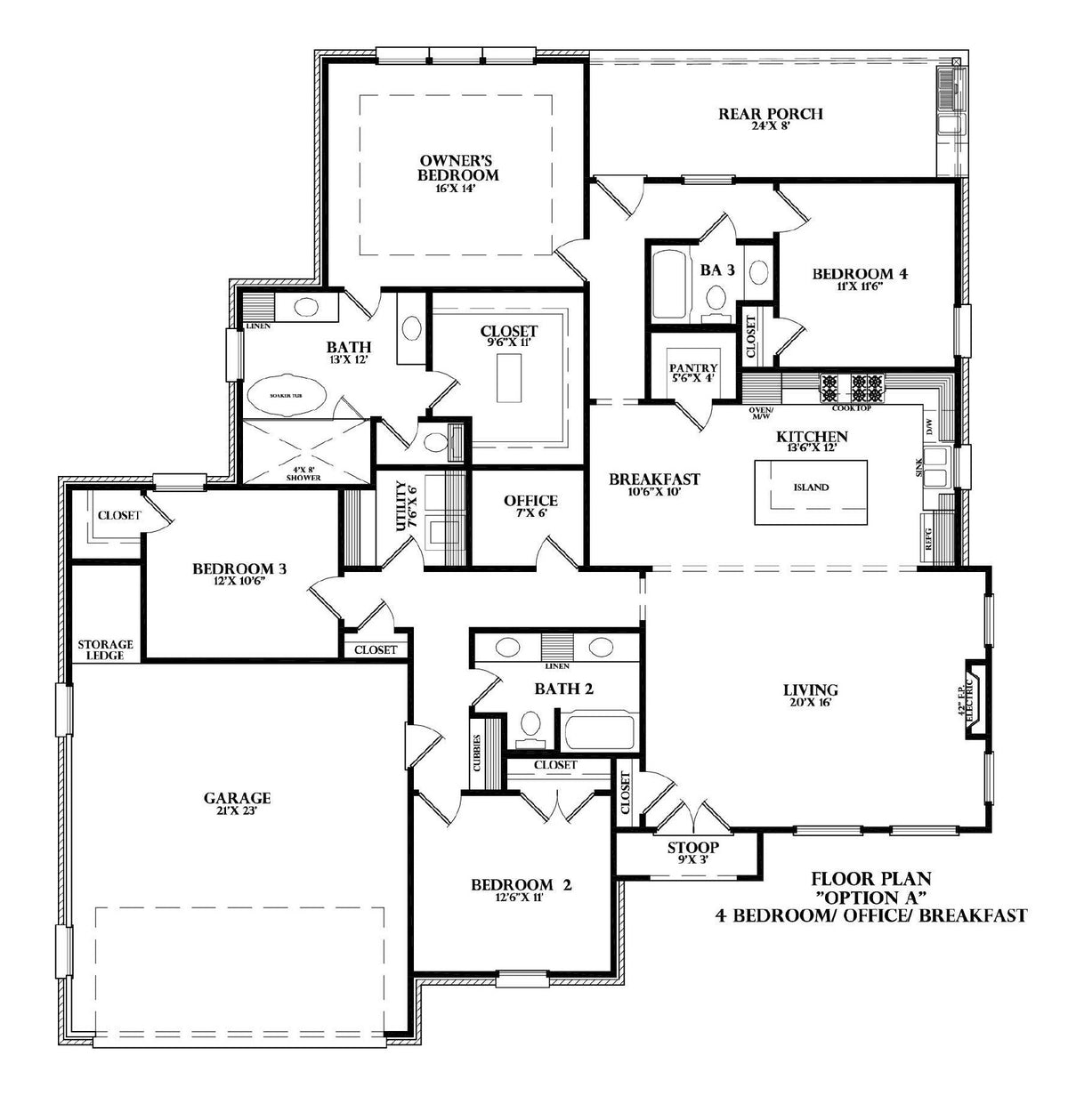 Plan 222041 — floor plan, Option A: four bedroom with office and breakfast