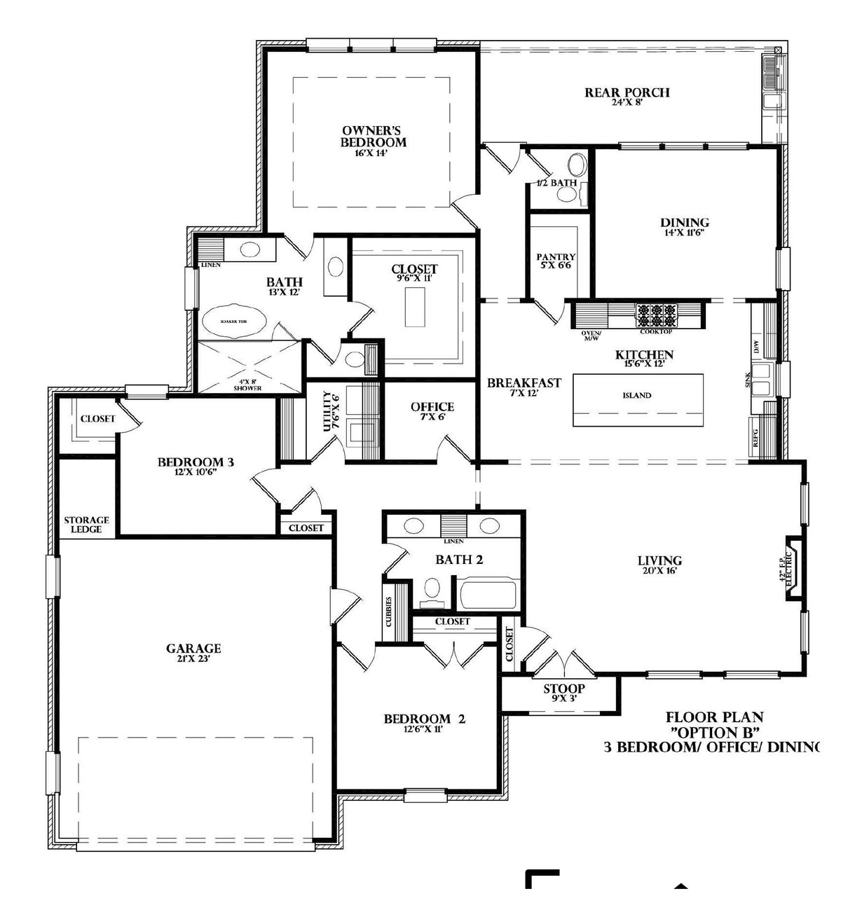Plan 222041 — floor plan, Option B: three bedroom with office and dining