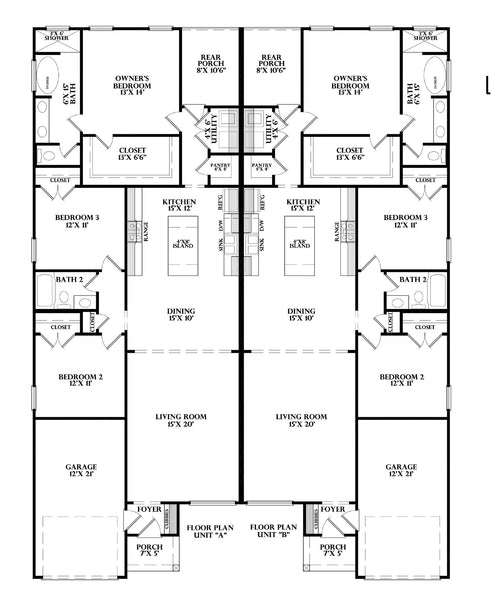 Plan 219065A-Duplex — floor plan, units A and B