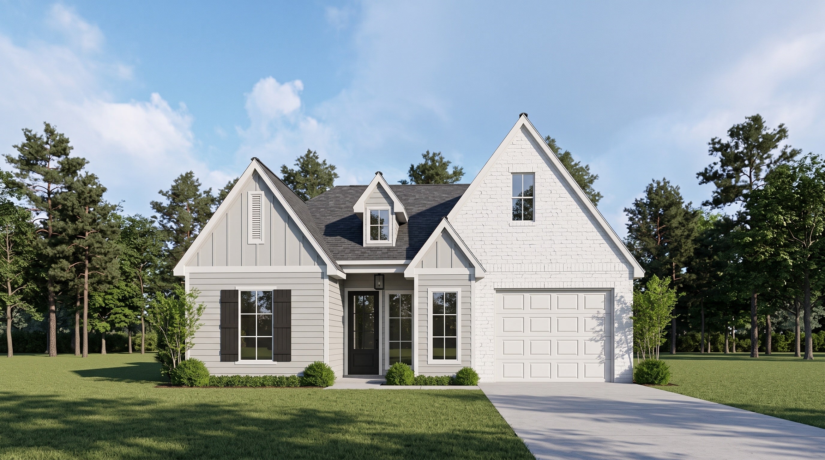 Plan 1100 — photorealistic front elevation, Acadiana Home Design
