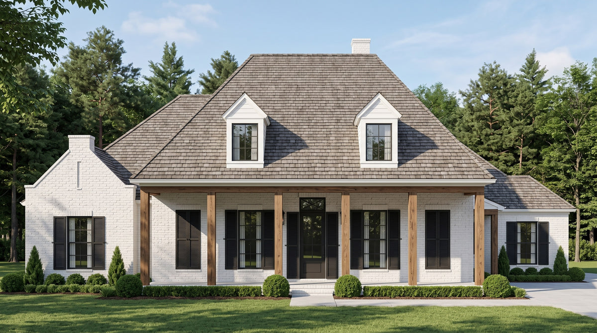 Plan 217028 — photorealistic front elevation, Acadiana Home Design
