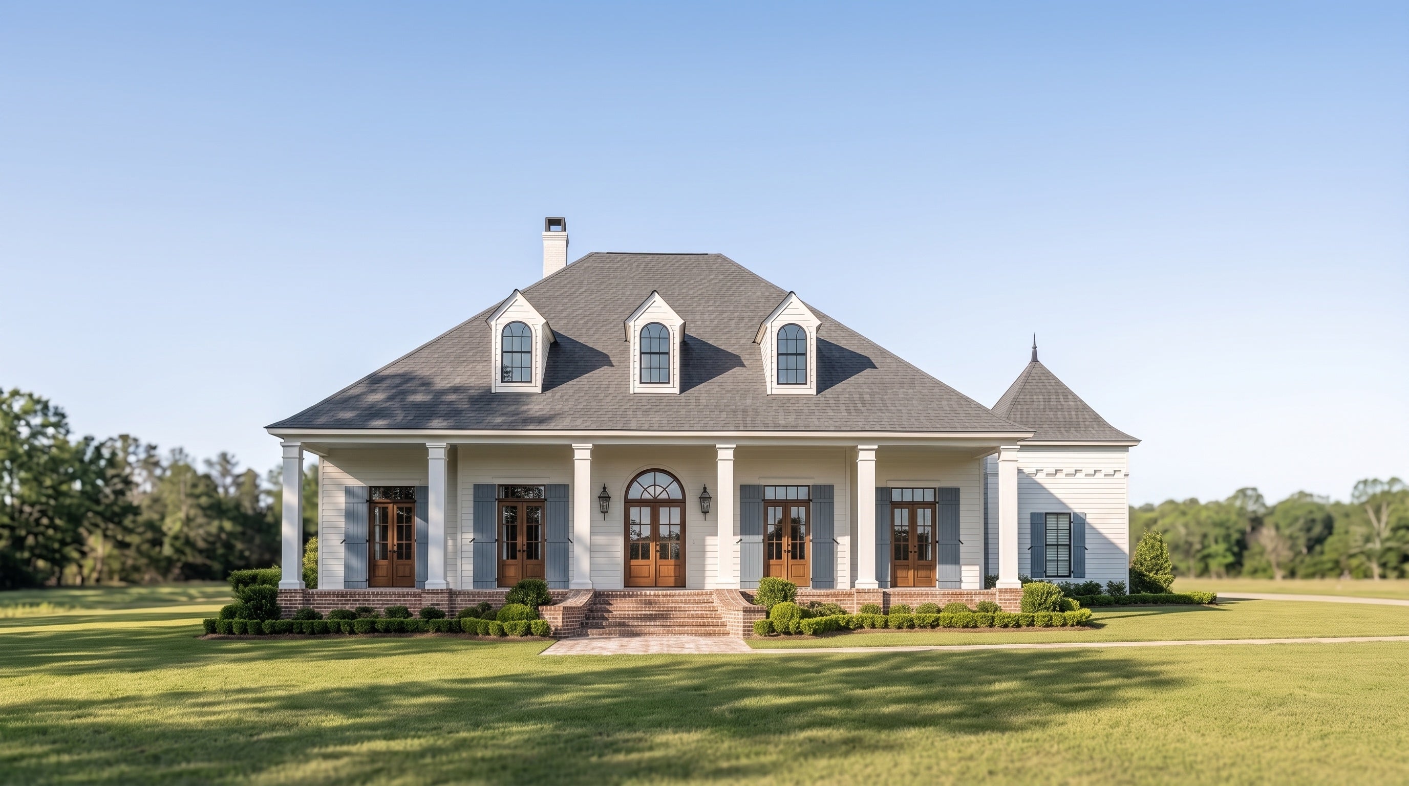 Plan 218032 — photorealistic front elevation, Acadiana Home Design