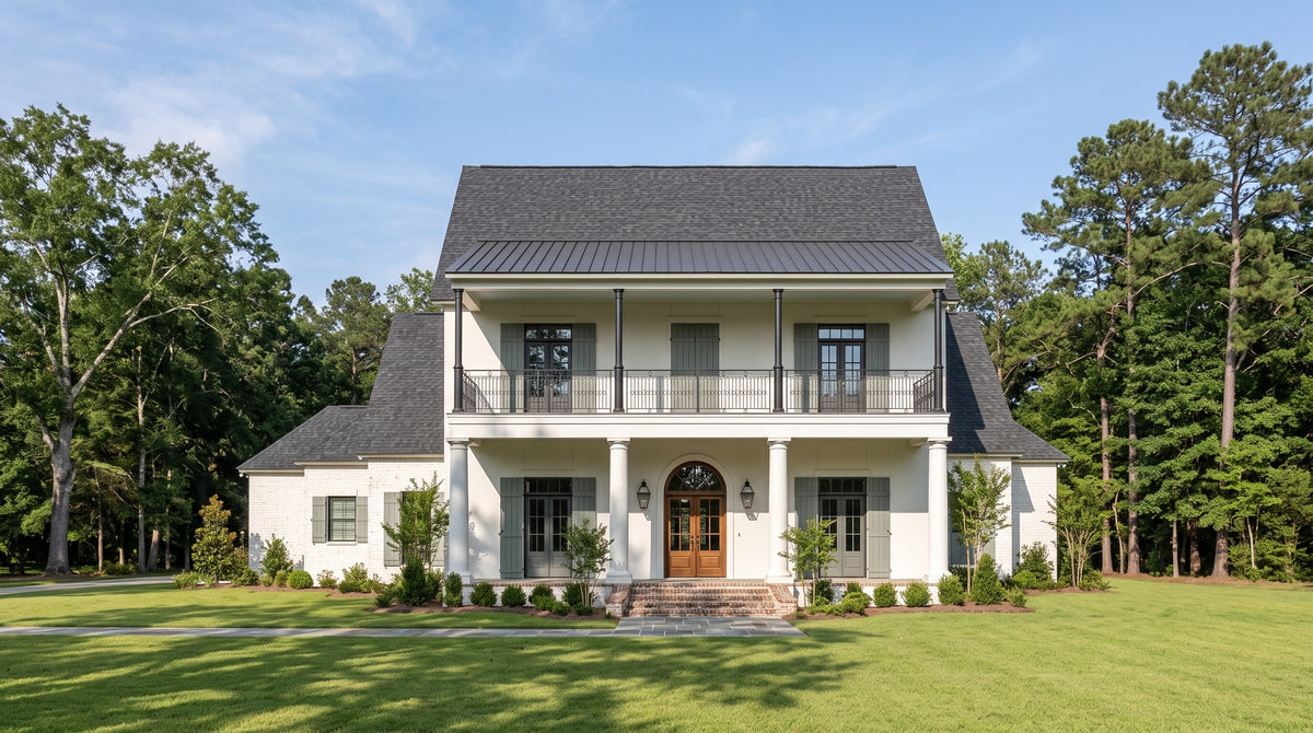 Plan 218037 — photorealistic front elevation, Acadiana Home Design