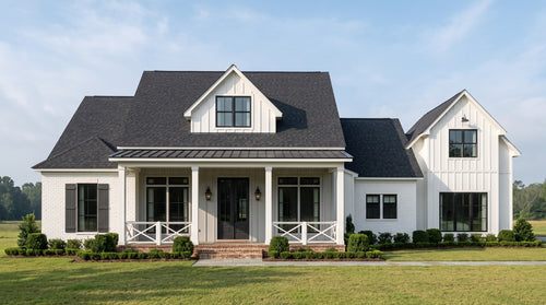 Plan 218124 — photorealistic front elevation, Acadiana Home Design