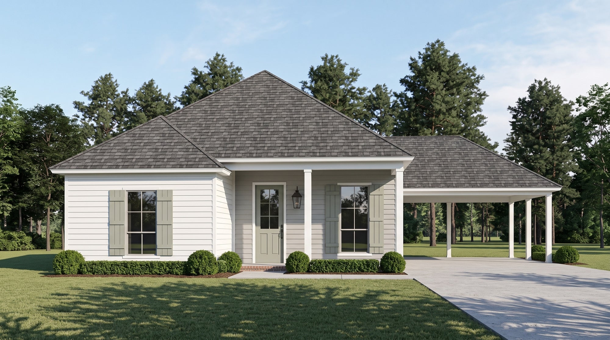 Plan 221080 — photorealistic front elevation, Acadiana Home Design