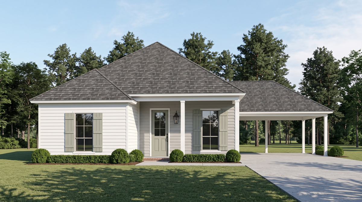 Plan 221080 — photorealistic front elevation, Acadiana Home Design