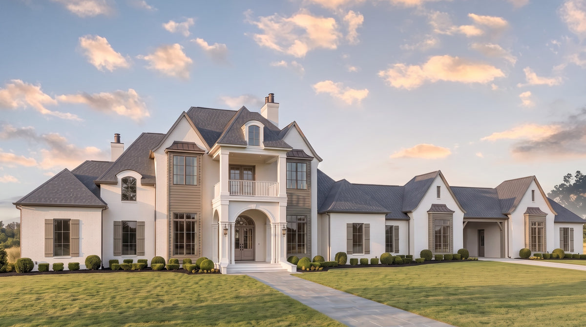 Plan 222026E — photorealistic front elevation, Acadiana Home Design