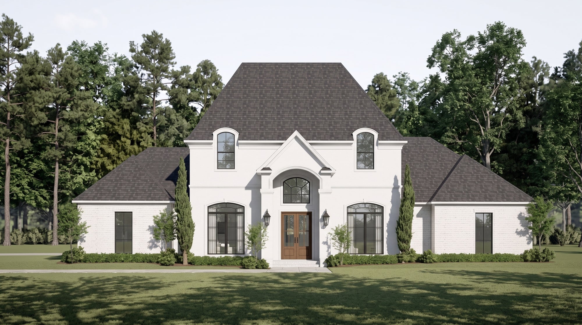 Plan 222036 — photorealistic front elevation, Acadiana Home Design