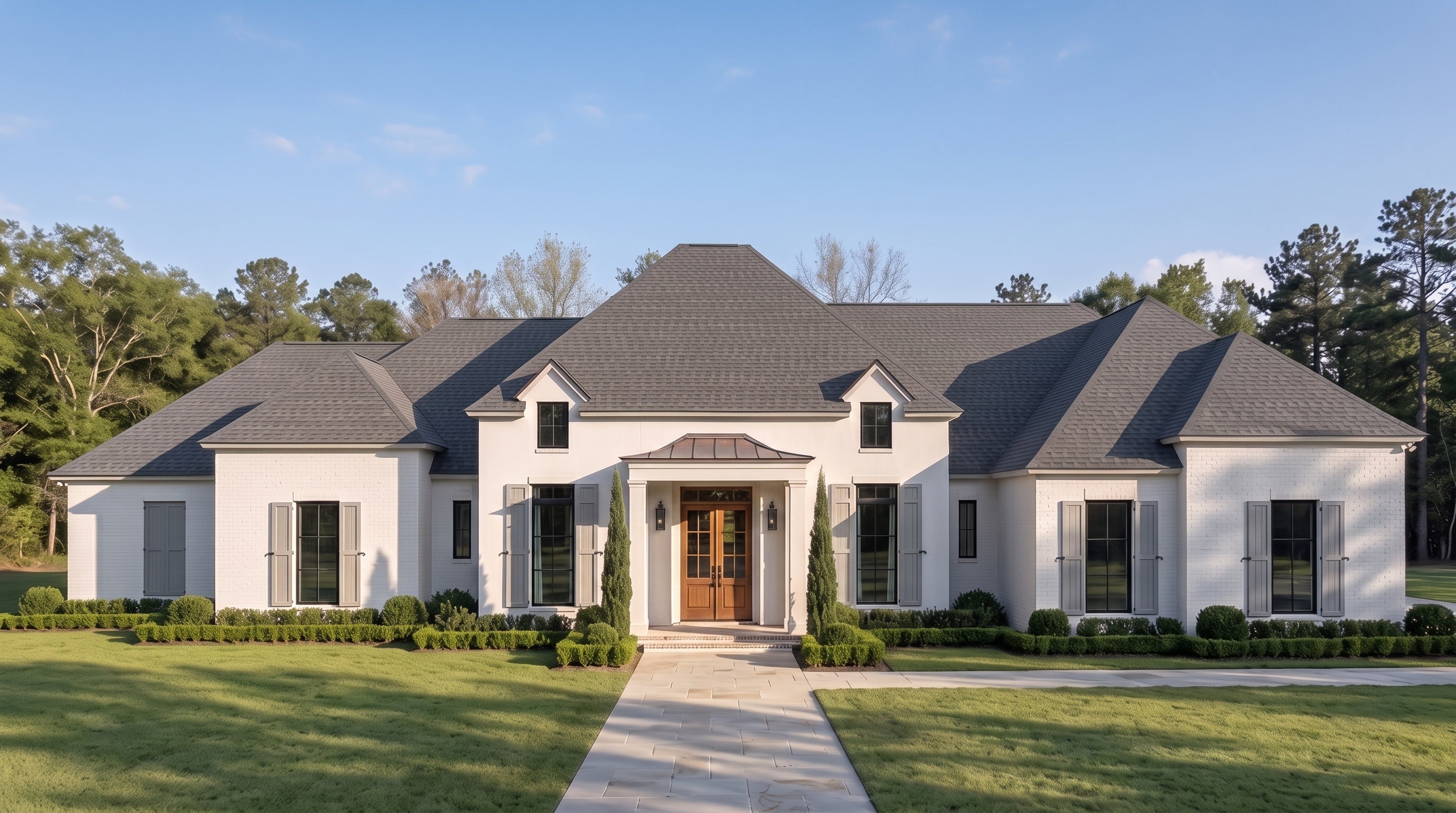 Plan 223054 — photorealistic front elevation, Acadiana Home Design