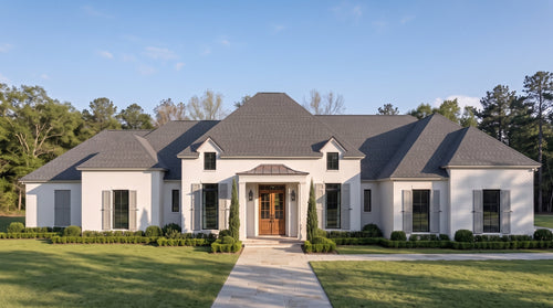 Plan 223054 — photorealistic front elevation, Acadiana Home Design