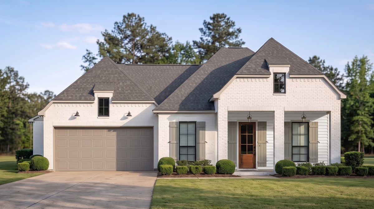 Plan 223065 — photorealistic front elevation, Acadiana Home Design