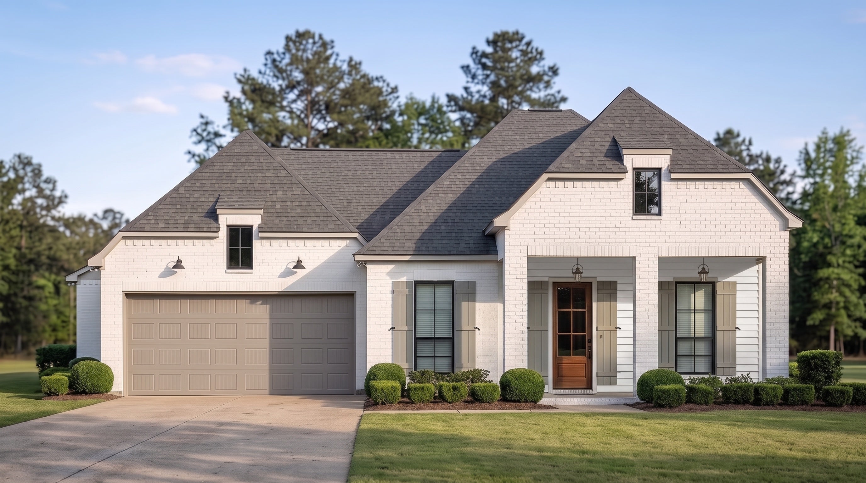 Plan 223065 — photorealistic front elevation, Acadiana Home Design