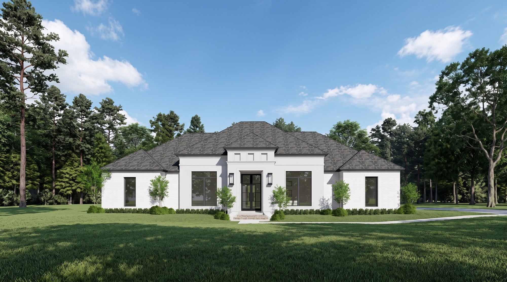 Plan 225003A — photorealistic front elevation, Acadiana Home Design