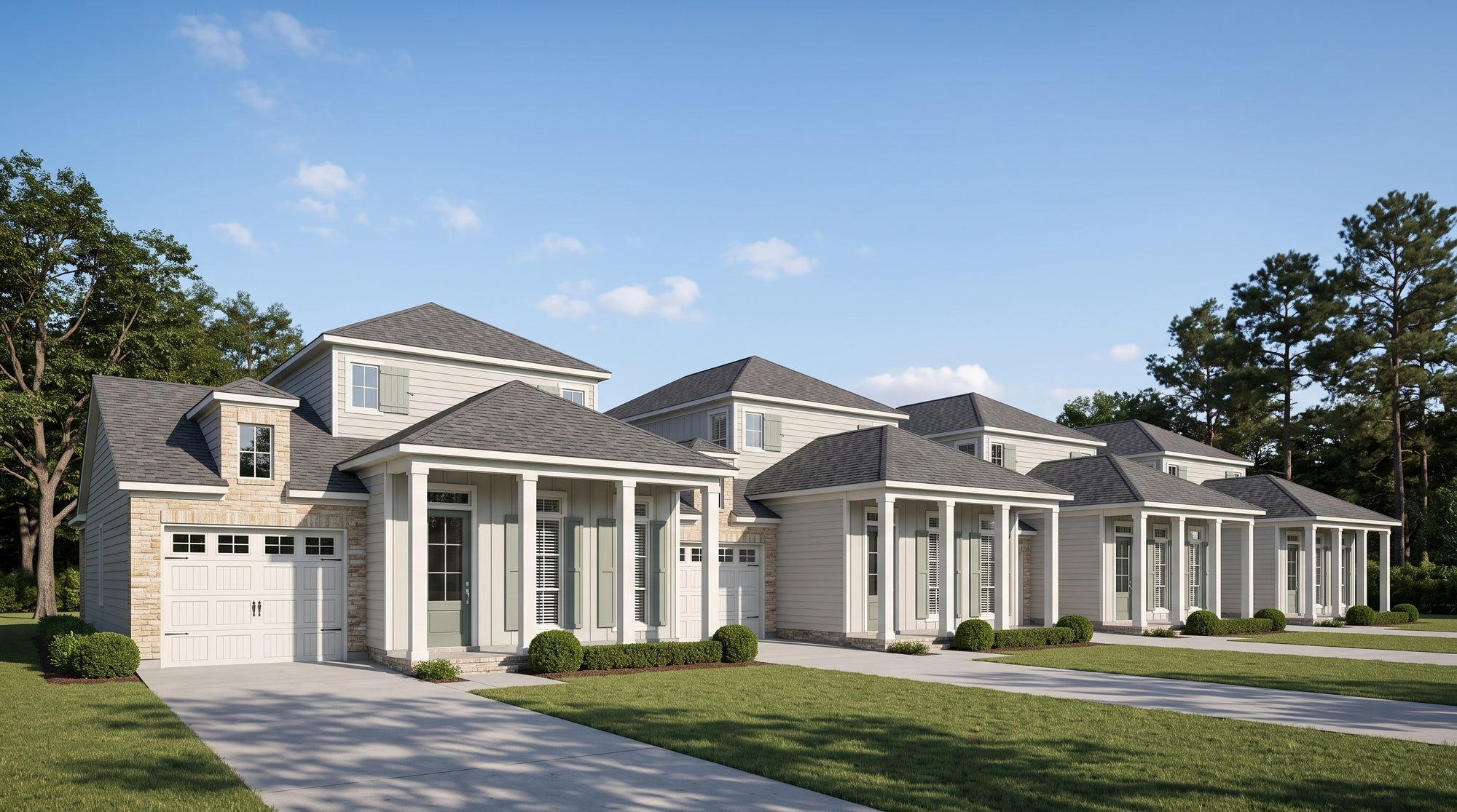 Plan 219065A-Townhome — photorealistic row of attached townhome units, Acadiana Home Design
