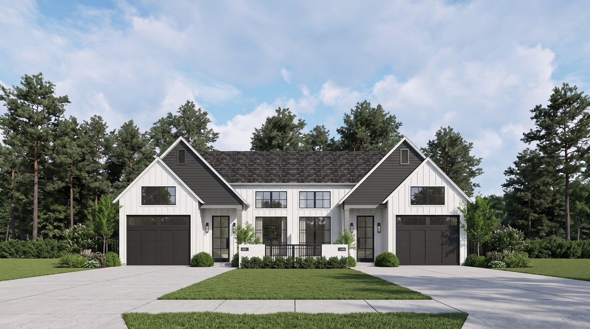 Plan 219065A-Duplex — photorealistic front elevation of the duplex, Acadiana Home Design
