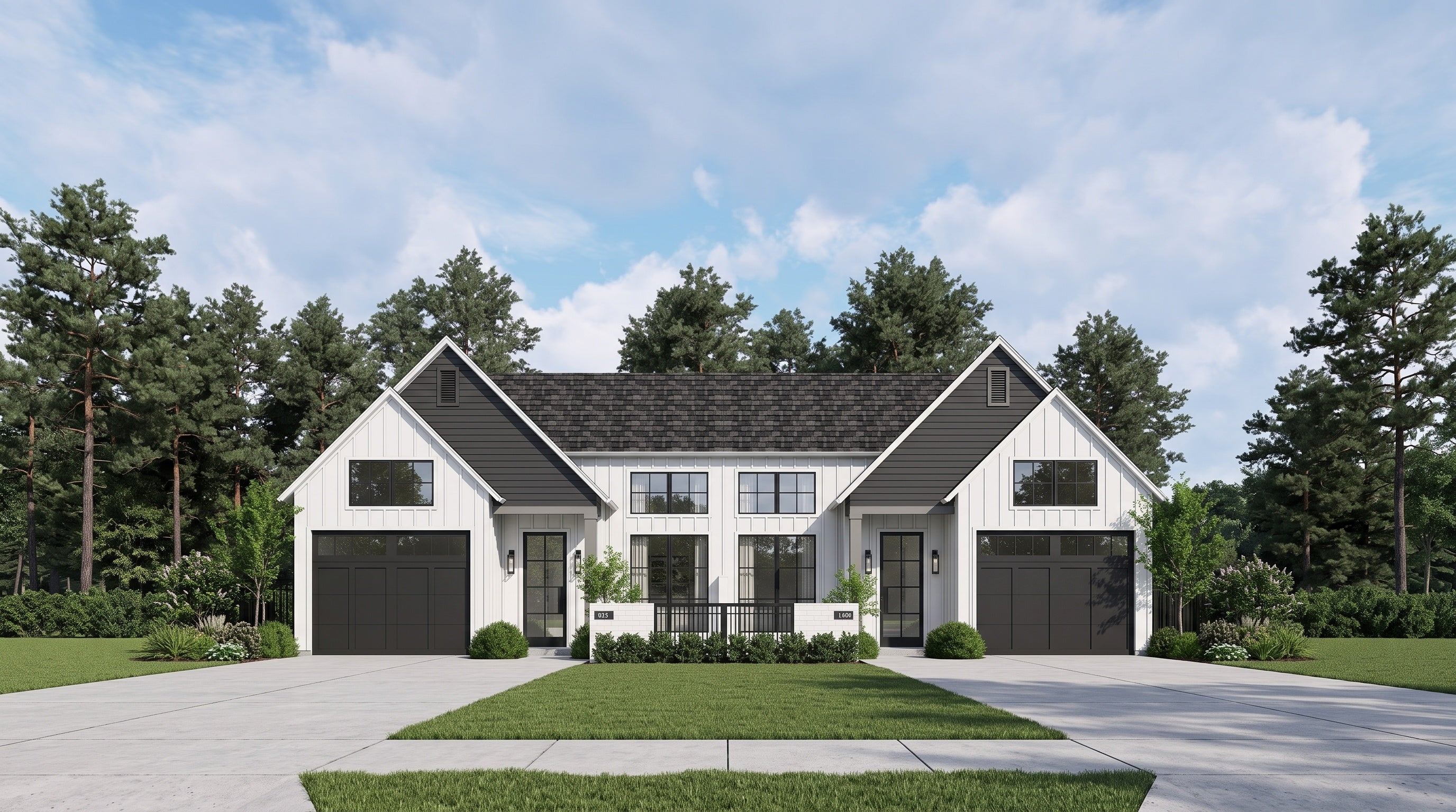 Plan 219065A-Duplex — photorealistic front elevation of the duplex, Acadiana Home Design