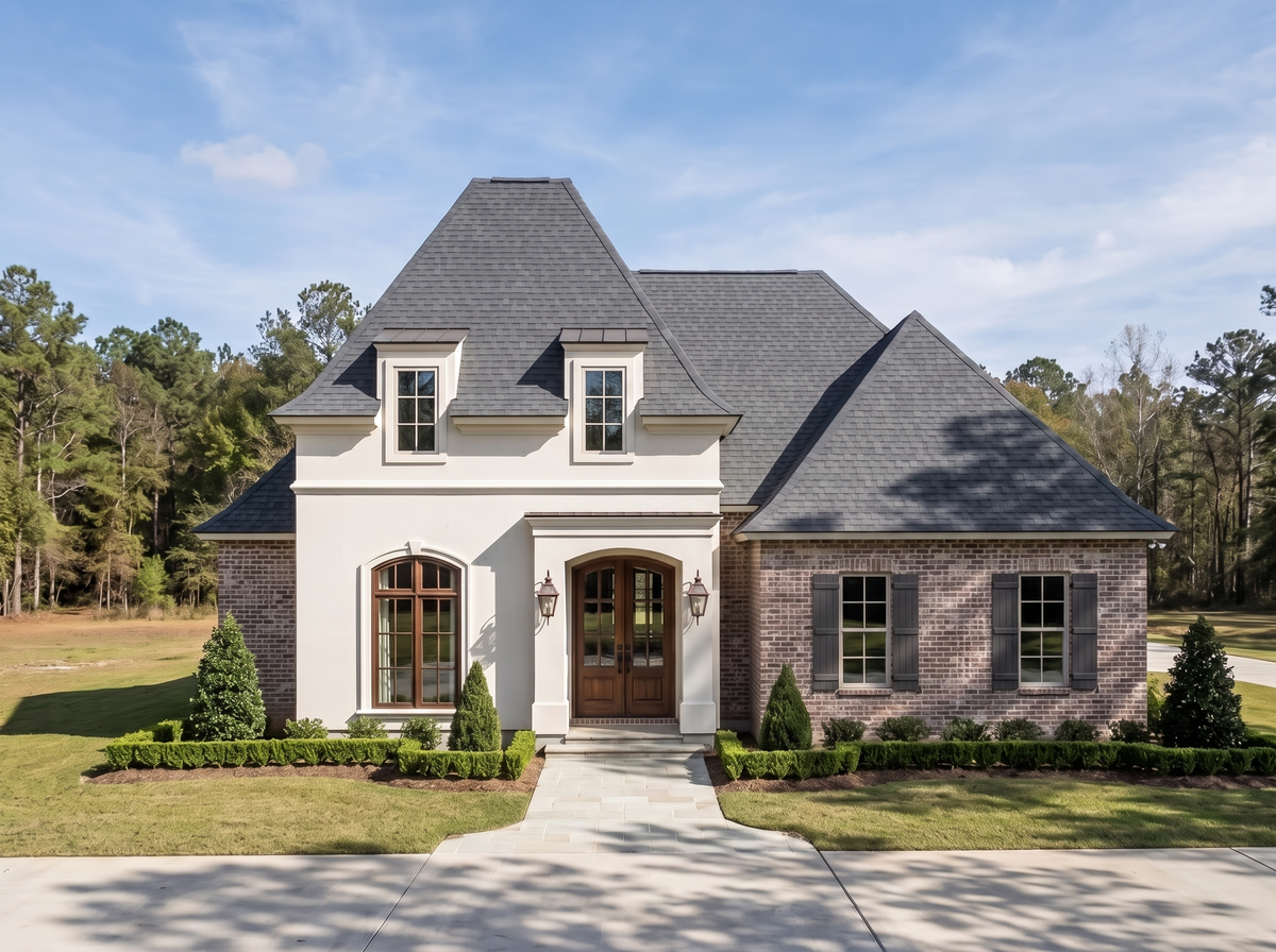 Loches house plan — front elevation render, Acadiana Home Design