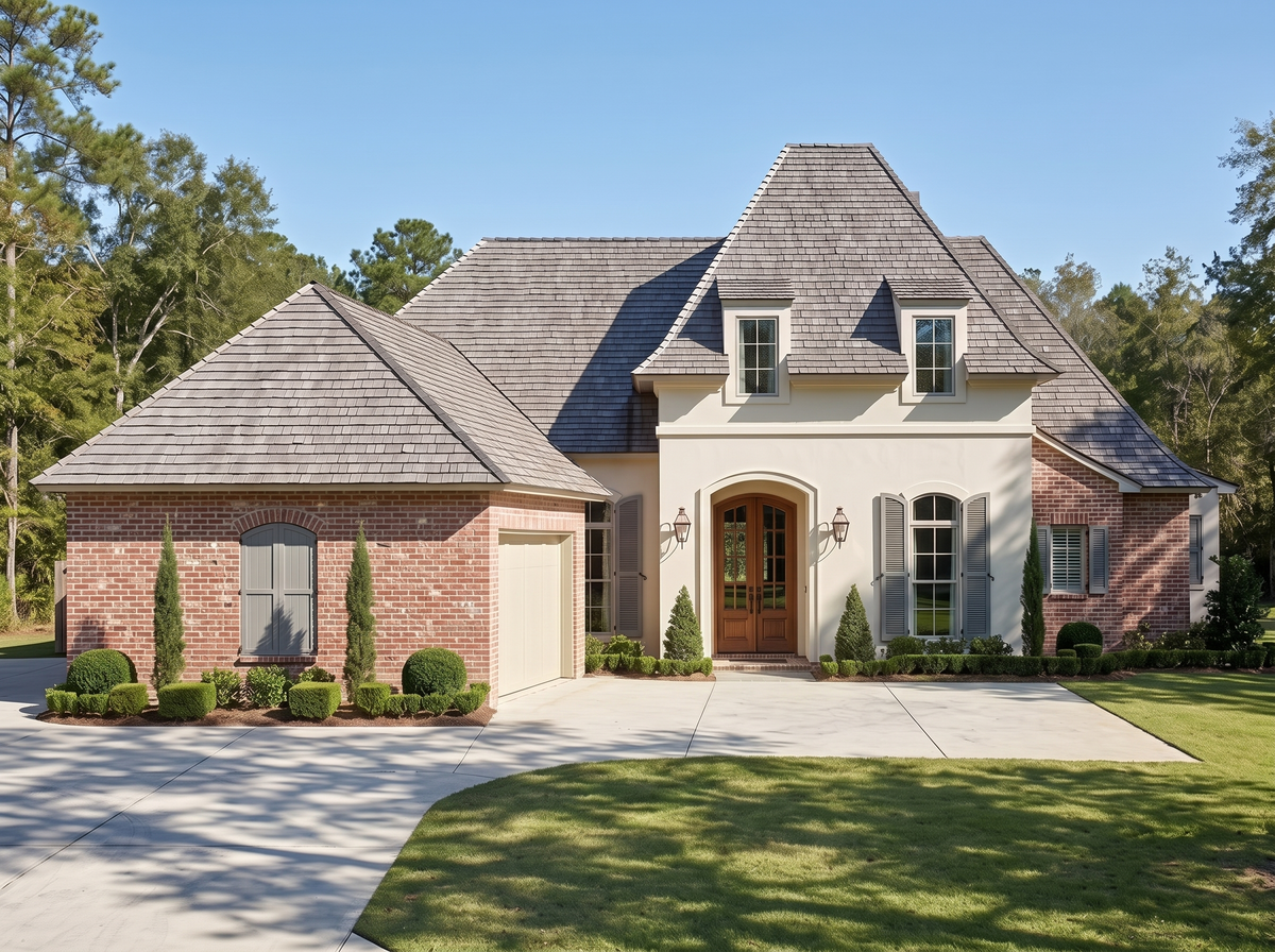 Nimes house plan — front elevation render, Acadiana Home Design