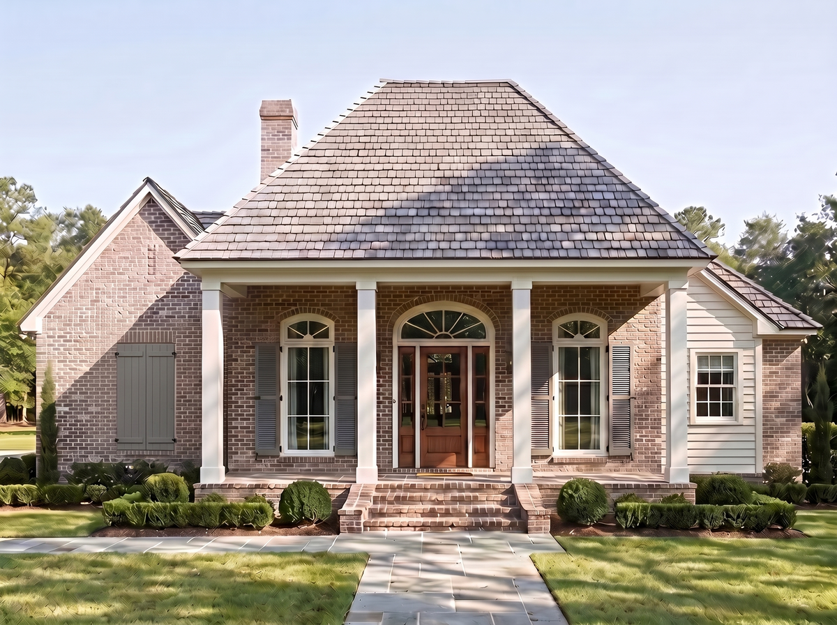Southern Trace house plan — front elevation render, Acadiana Home Design