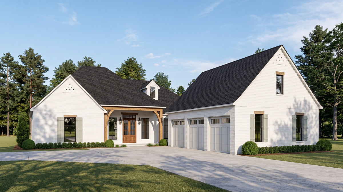 Plan 222026F — photorealistic front elevation, Acadiana Home Design